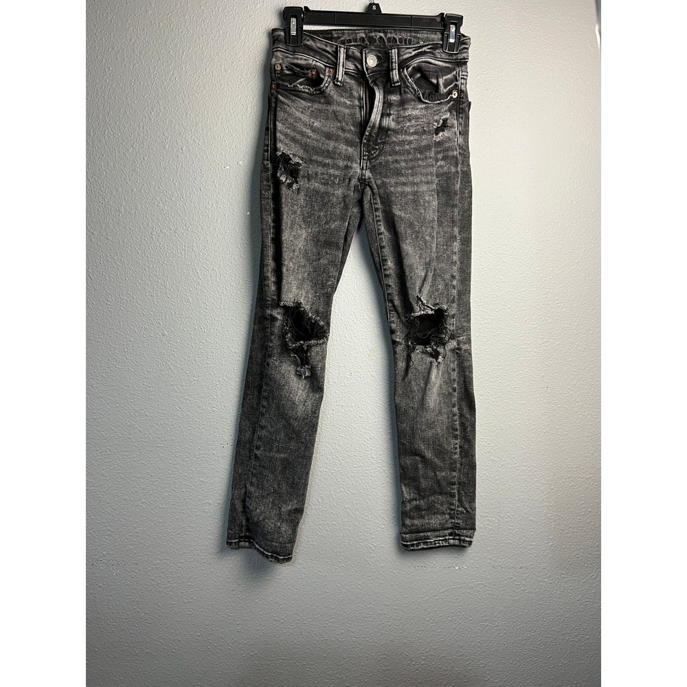 American Eagle Next Level Flex Skinny Jeans Preppy Grunge Black Distressed 26x28